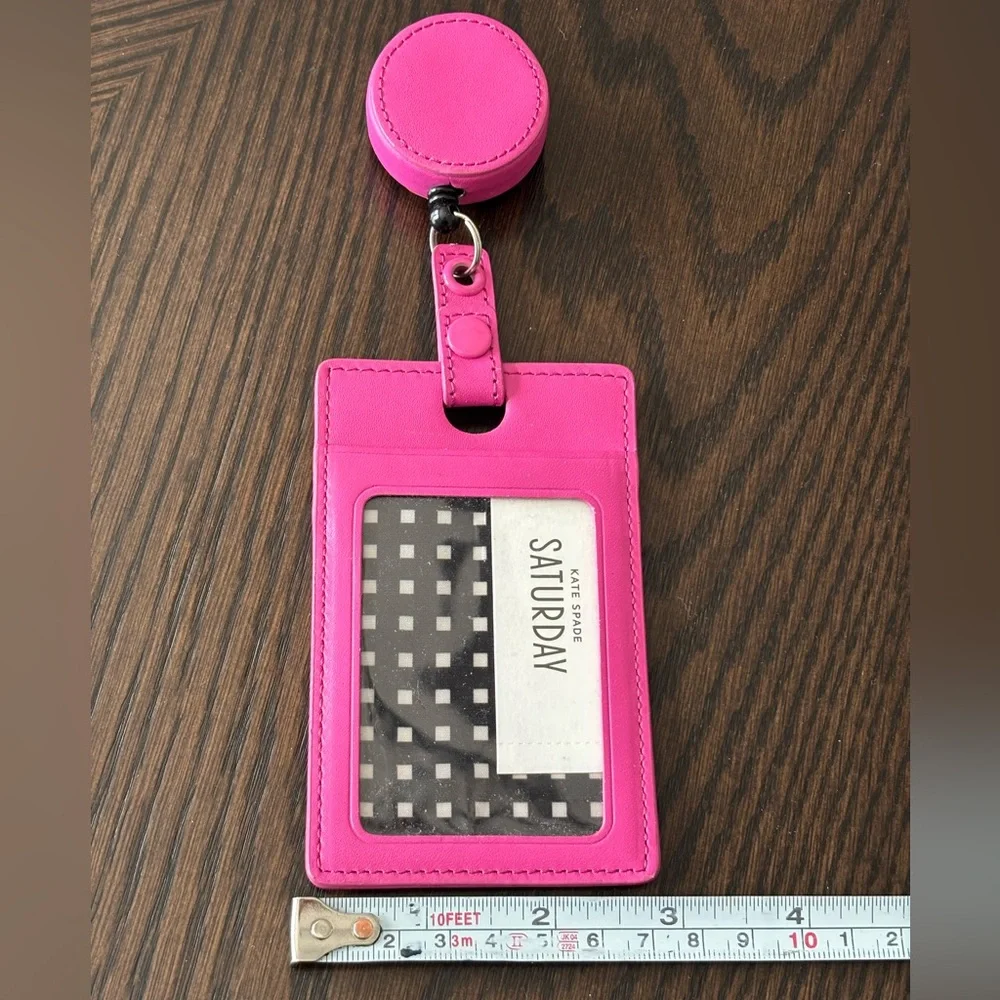 Kate Spade Hot Pink Badge ID Holder with Retractable Reel, 100% leather